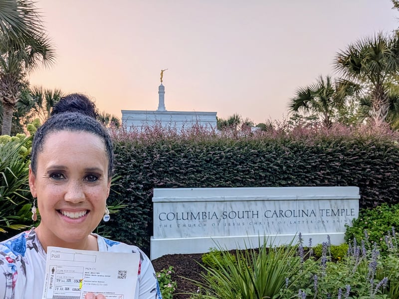 Vanessa Duerson poses outside the Columbia South Carolina Temple after completing the ordinances for her fifth great-grandmother, Poll, in Columbia, South Carolina, on July 29, 2026.