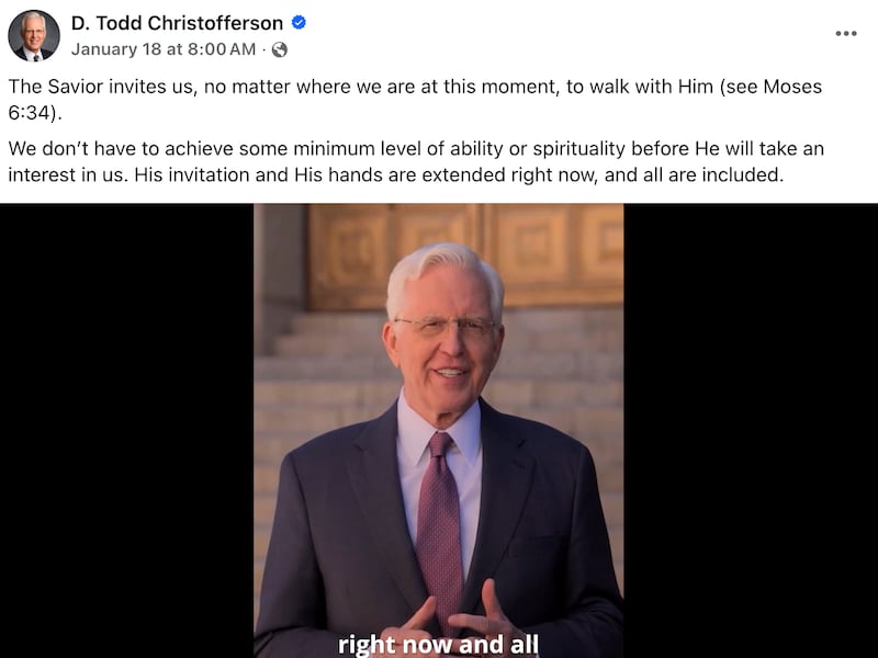 In a Jan. 18, 2026, Facebook post, President D. Todd Christofferson testified of the Savior, writing, “His invitation and His hands are extended right now, and all are included.”