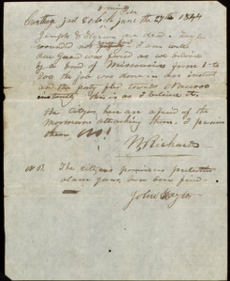 Letter from Willard Richards and John Taylor sent from Carthage Jail reported that Joseph and Hyrum