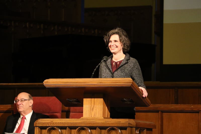 Kate Holbrook — co-editor of a newly published book "At the Pulpit: 185 years of Discourses by Latter-day Saint Women" — speaks in the Assembly Hall on Temple Square on March 2.