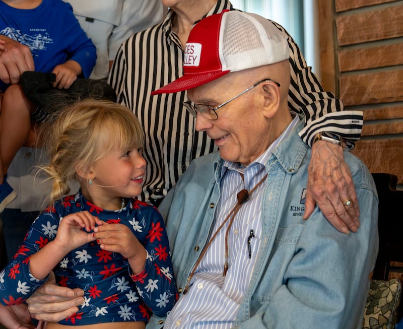 President Dallin H. Oaks talks with one of his great-grandchildren during a family reunion on Saturday, July 4, 2026, in Joe's Valley, Utah.