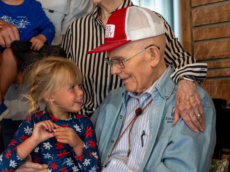 President Dallin H. Oaks talks with one of his great-grandchildren during a family reunion on Saturday, July 4, 2026, in Joe's Valley, Utah.