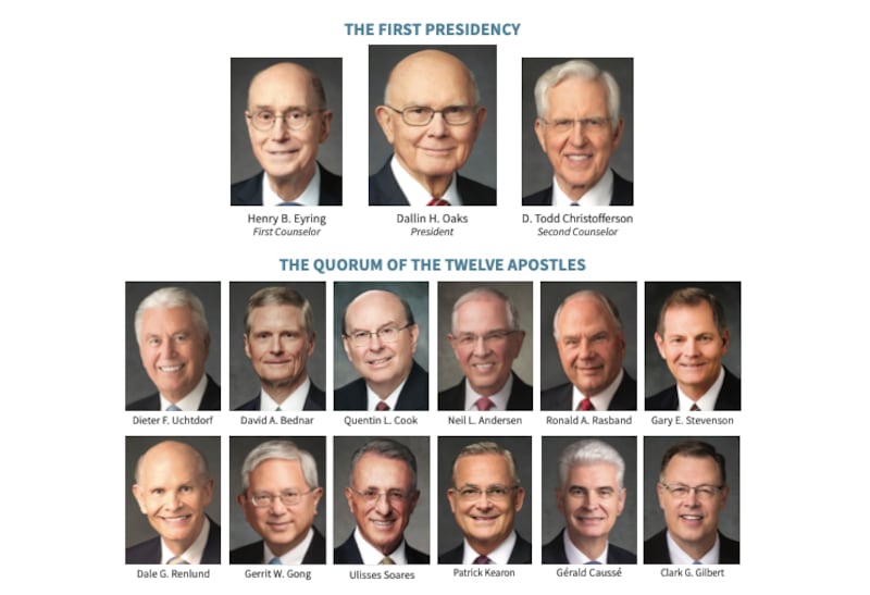 Individual photos of the First Presidency and members of the Quorum of the Twelve Apostles from the April 2026 chart of general authorities and general officers of The Church of Jesus Christ of Latter-day Saints.