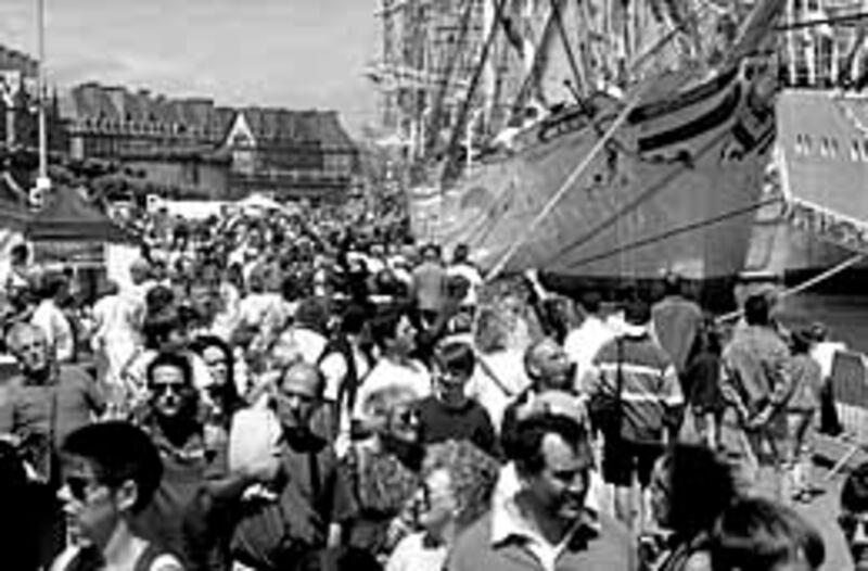 Crowds flock to see the Statsraad Lehmkuhl in port.