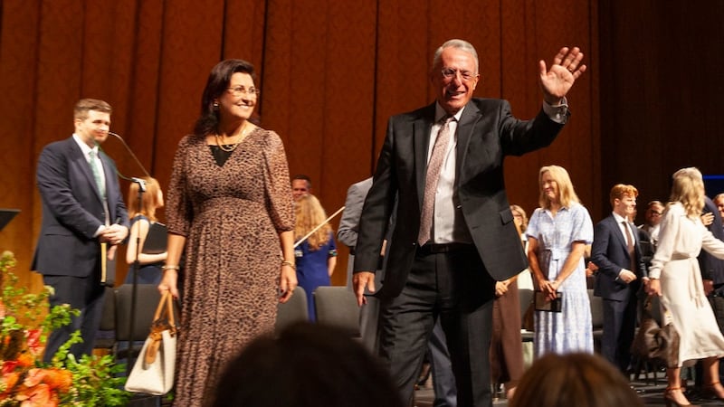 Elder Ulisses Soares of the Quorum of the Twelve Apostles, right, and his wife, Sister Rosana Soares, left, arrive at a devotional for young single adults at the David H. Koch Theater at Lincoln Center for the Performing Arts in New York City on Sunday, Sept. 20, 2026.