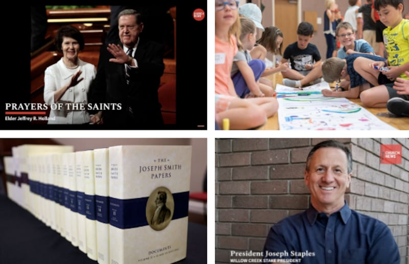 Four images share a space: Elder Jeffrey R. Holland smiling; Lucas Gifford drawing a poster; the final print volume of the Joseph Smith Papers on a shelf at the Church History Library; Sandy Utah Willow Creek Stake President Joseph A. Staples.
