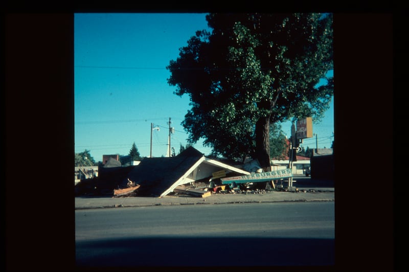 A restaurant in Rexburg, Idaho, is completely collapsed following flooding caused by the collapse of the Teton Dam on June 5, 1976.