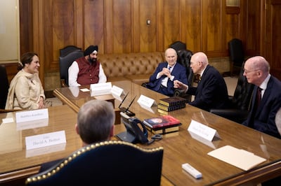 The First Presidency meets with Sikh leaders Bubbles Kandhari and Surender Kandhari on April 29, 2022, in Salt Lake City, Utah.