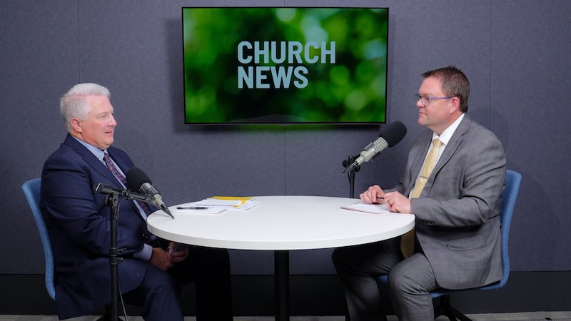 Deseret News reporter Tad Walch, left, talks to Church News editor Ryan Jensen during a Church News podcast episode released Tuesday, June 16, 2026.