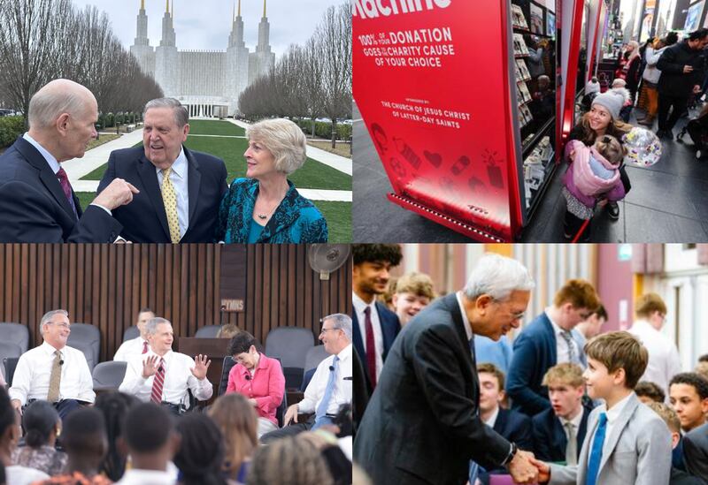 Clockwise from top left: President Jeffrey R. Holland, acting president of the Quorum of the Twelve Apostles of The Church of Jesus Christ of Latter-day Saints, Elder Dale G. Renlund of the Quorum of the Twelve Apostles, and Sister Ruth Renlund stand outside the Washington D.C. Temple in Washington, D.C., on Saturday, Feb. 24, 2024; A woman kneels in front of a young girl looking into the red Giving Machines; Elder Gerrit W. Gong shakes the hand of a young man; Sister Jennifer Kearon, Elder Patrick Kearon, Elder David A. Bednar, Sister Susan Bednar, Elder Carlos A. Gadoy and Sister Monica Gadoy answer questions from young single adults in Lagos, Nigeria.