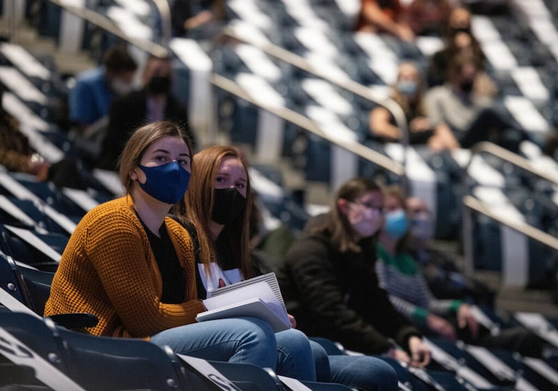 Students gather in the Marriott Center on BYU campus on Tuesday, March 2, 2021, to hear remarks by Elder Gary E. Stevenson of the Quorum of the Twelve Apostles.