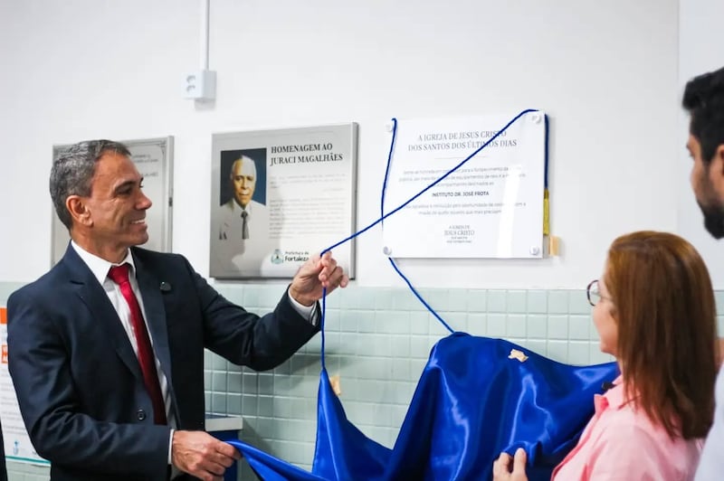 Representatives of the Dr. José Frota Institute, local authorities and Church leaders take part in unveiling a plaque marking the Church's donations in July 2026 in Fortaleza, Brazil.