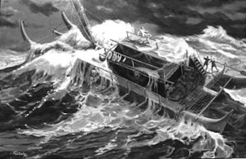 This rendering by Robert Fetterly captures the drama of Lehi's family at sea as the tempest nearly c