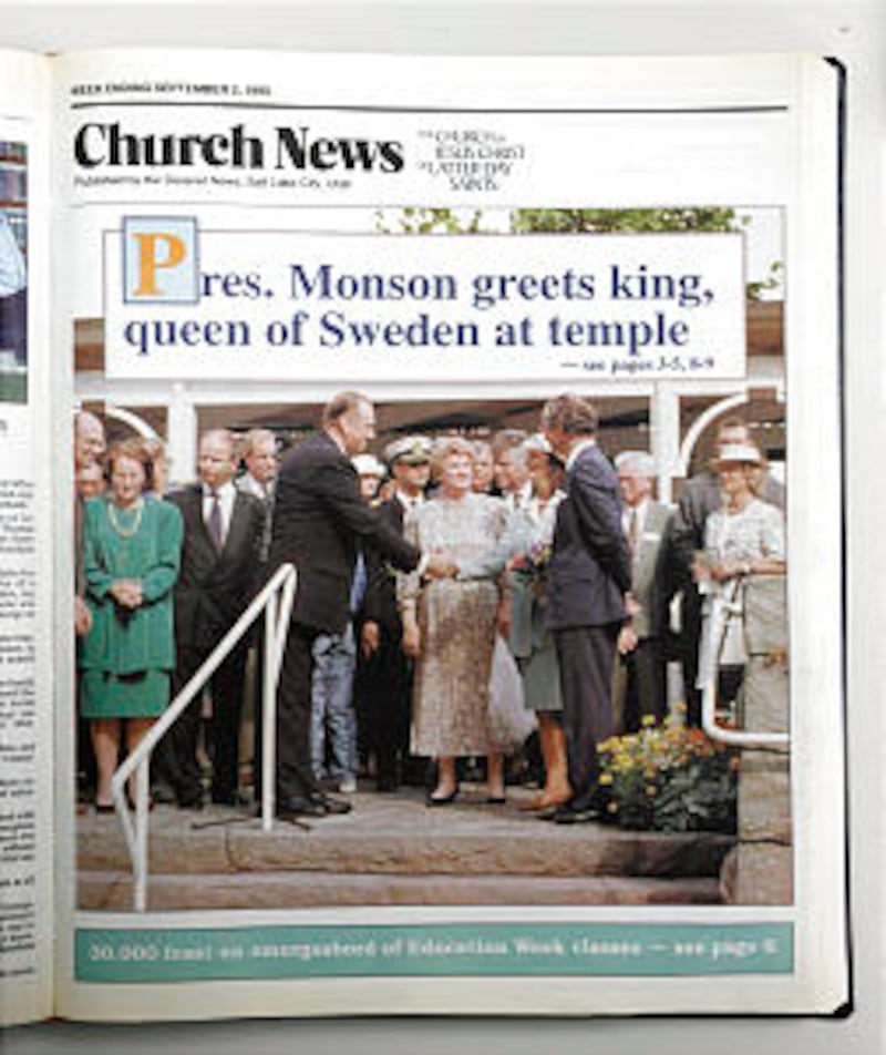 Church News cover from September 2, 1995 showing President Thomas S. Monson greeting the king and qu