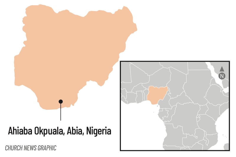 A map of Ahiaba Okpuala in relation to Nigeria and to Africa.