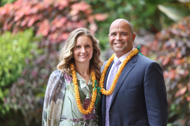 BYU–Hawaii President John S.K. Kauwe III and his wife, Sister Monica Kauwe, pose for a photo following a devotional in the Cannon Activities Center in Laie, Hawaii, on Tuesday, May 3, 2022.