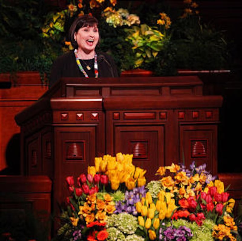 Sister Ann M. Dibb, second counselor in the Young Women general presidency, speaks during the Genera