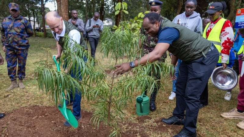 Elder Paul B. Pieper and Elder Johnny Badoo kick off the tree planting event in Thogoto, Kenya, Oct. 10, 2026.
