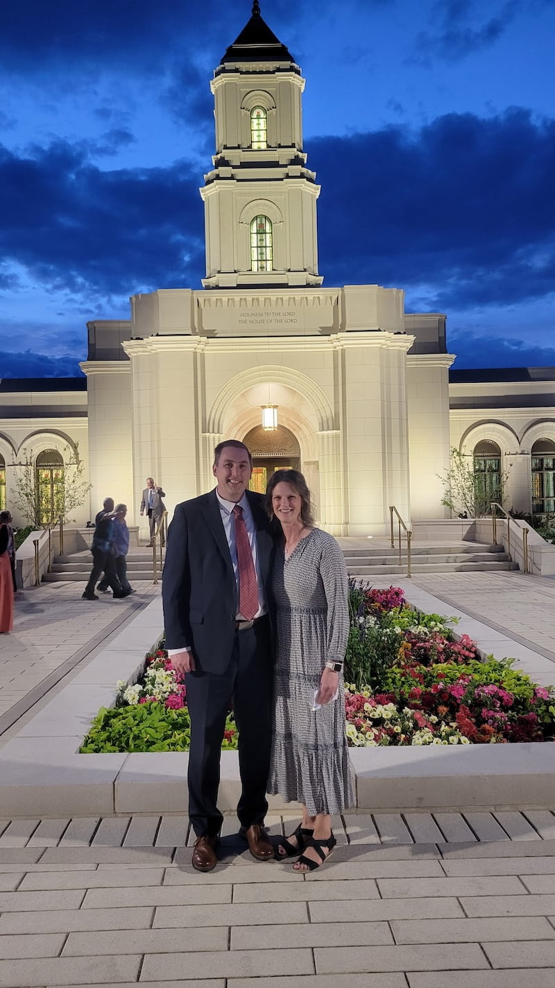 Cody Wyoming Stake President Andrew Jacobsen and his wife, Jamie Jacobsen, stand outside the Cody Wyoming Temple in 2026.