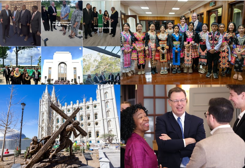Clockwise from top left: Selected video posts from Elder Neil L. Andersen's Instagram account show events and efforts from his March 11-22, 2026, ministry in the Pacific Area; Elder Patrick Kearon of the Quorum of the Twelve Apostles and Sister Jennifer Kearon, center back, pose for a photo in Laos with members of The Church of Jesus Christ of Latter-day Saints dressed in traditional Hmong clothing during his March 12-21, 2026, ministry in the Church's Asia Area; Elder Clark G. Gilbert of the Quorum of the Twelve Apostles chats prior to speaking at Harvard Faculty Club in Cambridge, Massachusetts, on Thursday, March 26, 2026; The “Jesus Christ Carrying the Cross” statue, created by Michael Hall, debuts just south of the Salt Lake Temple on Tuesday, March 24, 2026