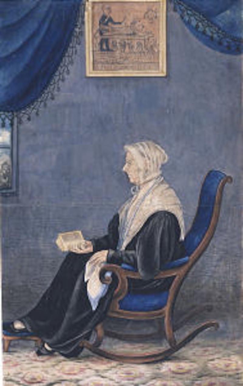 Sutcliffe Maudsley painting in 1842 of Lucy Mack Smith depicts her holding a Book of Mormon copy vir