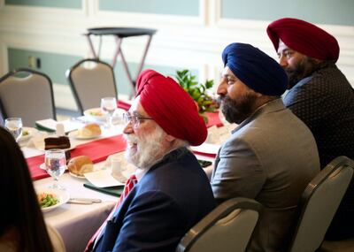 JB Singh, chairman of the Sikh temple of Utah, and members of the Sikh community join a luncheon in the Joseph Smith Memorial Building on April 29, 2022. From left to right: JB Singh, Amitpal Singh and Pushpinder Singh.