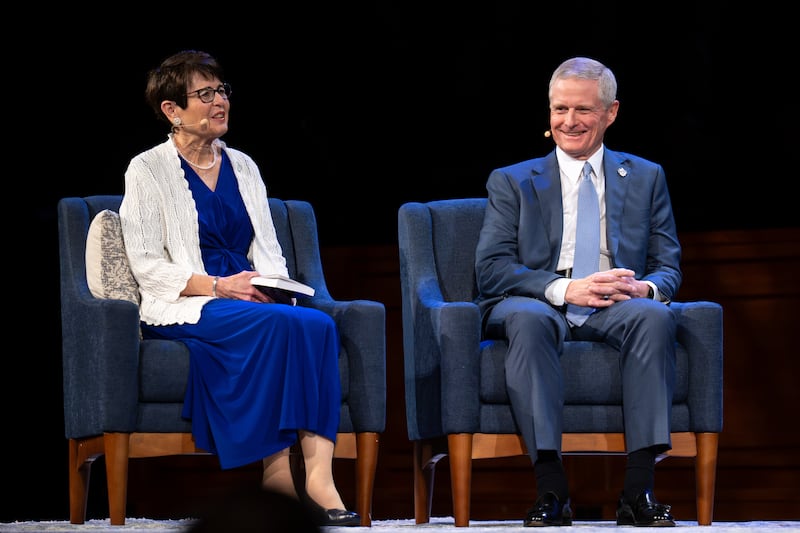 Elder David A. Bednar of the Quorum of the Twelve Apostles, and his wife, Sister Susan Bednar, speak during a devotional held in the BYU-Idaho Center in Rexburg, Idaho, on Thursday, Oct. 8, 2026.