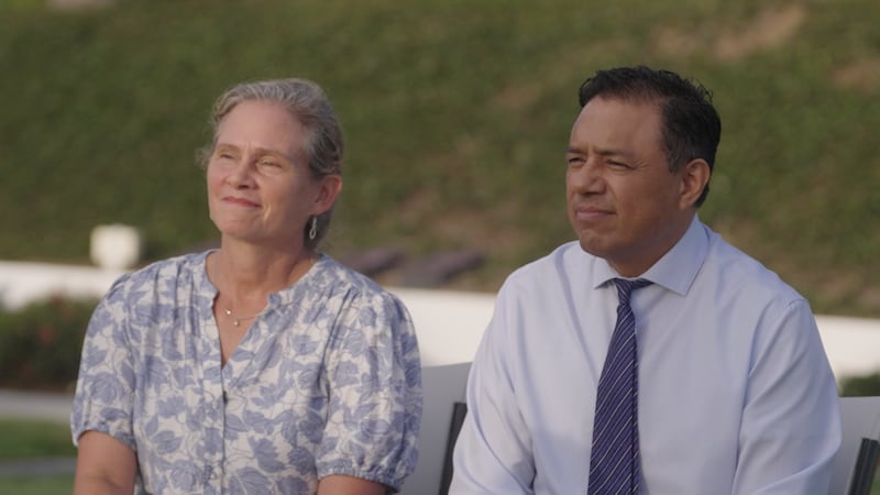 Elizabeth and Giovanni Guanuna are interviewed on the grounds of the San Diego California Temple on Saturday, Aug. 22, 2026.