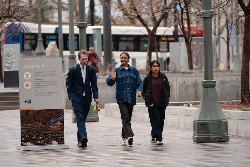 Ensign College students walk to the Conference Center Theater in Salt Lake City for a devotional with Elder Arnulfo Valenzuela of the Presidency of the Seventy, on Tuesday, Feb. 17, 2026.