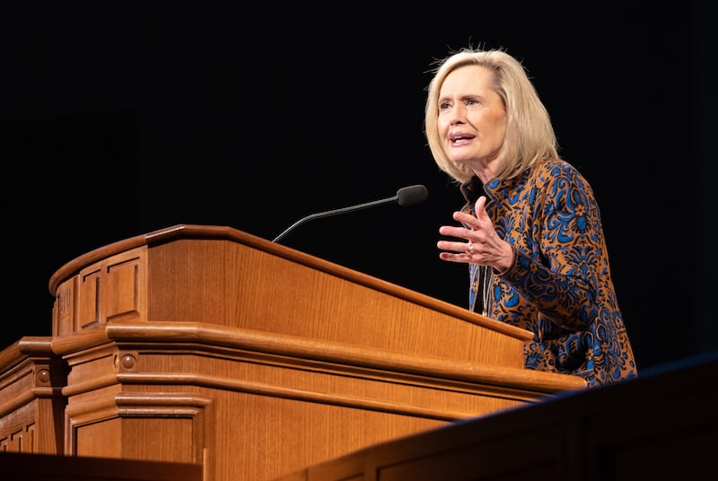 President Bonnie H. Cordon speaking from BYU–Idaho’s pulpit in the I-Center in Rexburg, Idaho.
