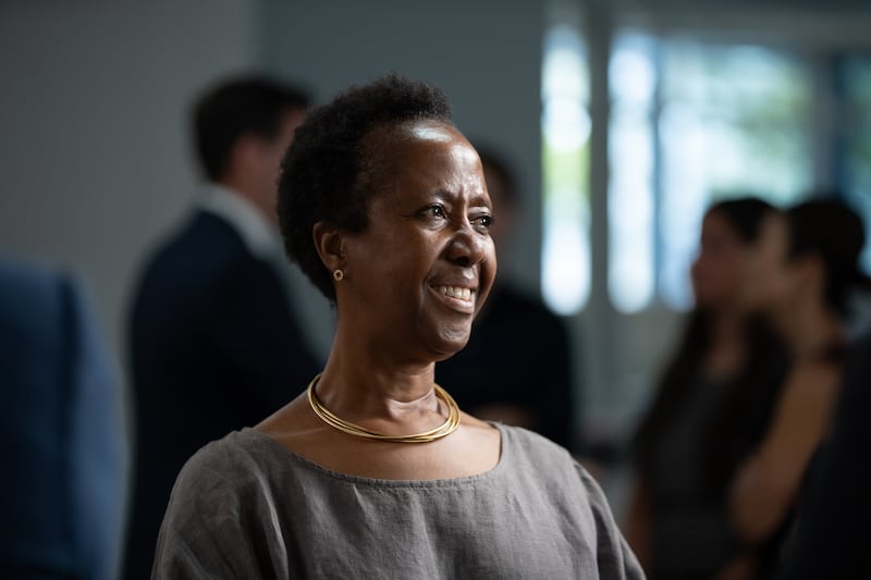 Dr. Winifride Mwebesa smiles at the Humanitarian Center in Salt Lake City after recording a Church News podcast episode released Tuesday, Aug. 25, 2026.