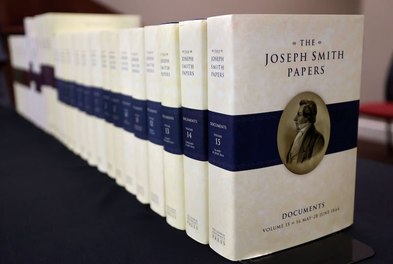 The final print volume of the Joseph Smith Papers on a shelf at the Church History Library
