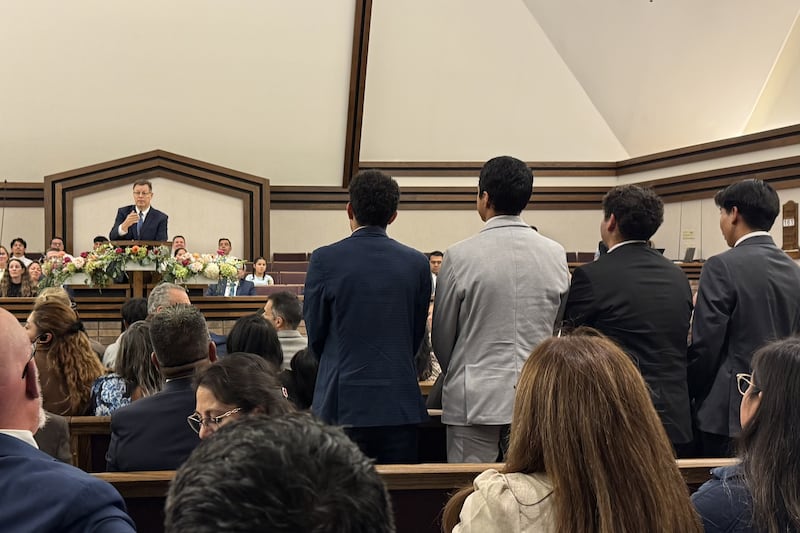 Elder Clark G. Gilbert of the Quorum of the Twelve Apostles invites missionaries to stand at the Schaumburg Illinois Stake Center in Chicago, Illinois on Sunday, Sept. 20, 2026.