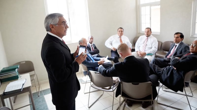 Men participate in an elders quorum meeting as shown in a video from The Church of Jesus Christ of Latter-day Saints about the new Sunday meeting schedule to watch on Sunday, Sept. 6, 2026.
