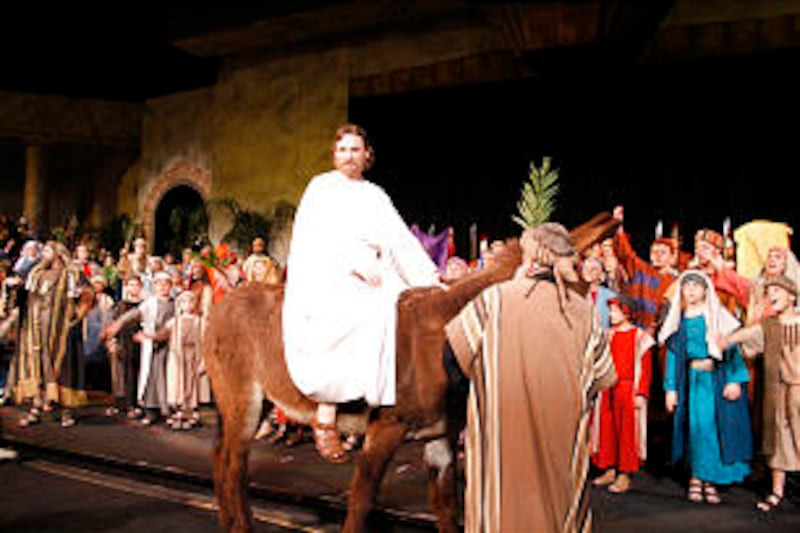 On the grounds of the Mesa Arizona Temple, actors in the Easter pageant titled "Jesus the Christ" de
