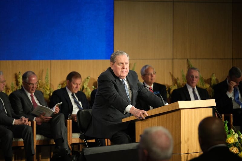 President Jeffrey R. Holland speaks from a pulpit at the 2024 Seminar for New Mission Leaders at the Provo Missionary Training Center.