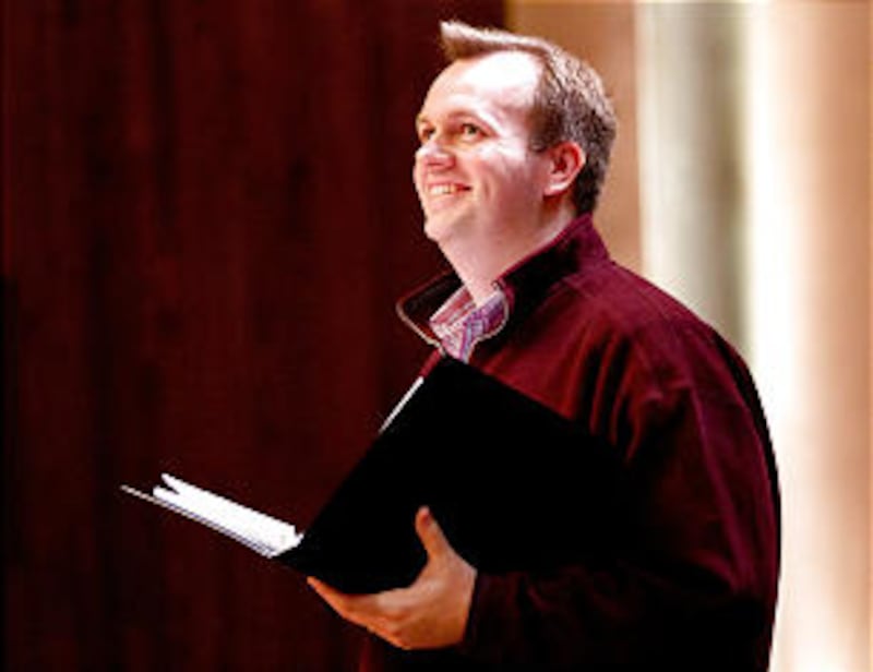 Composer Douglas Pew at a rehearsal of his opera at Kennedy Center.