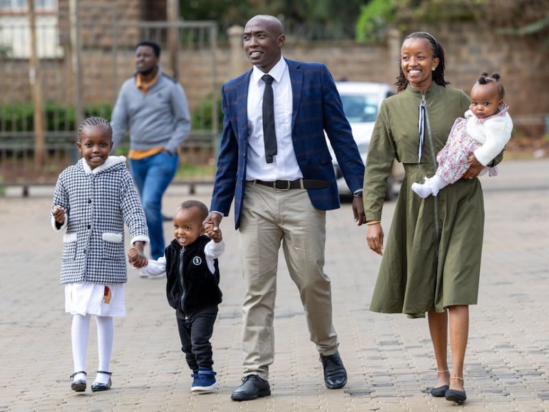 The Muange family of five arrive at the Nairobi Kenya West Stake Center for stake conference on Sunday, March 22, 2026.