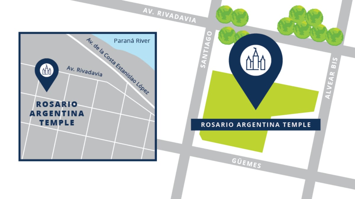 A site map showing the roads near the Rosario Argentina Temple.