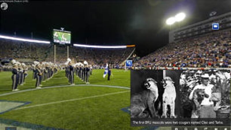 Guests can stand on the football field with the marching band and look to a full stadium during the