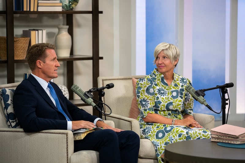 Left, Young Men General President Timothy L. Farnes and Young Women General President Emily Belle Freeman speak during a recording of the Church News podcast released Monday, Aug. 31, 2026.