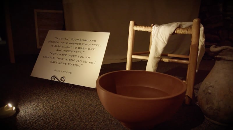 The room in a meetinghouse in Herriman, Utah, is transformed to depict a scene from the last week of Jesus Christ's life leading up to the Crucifixion, on April 9-10, 2025.
