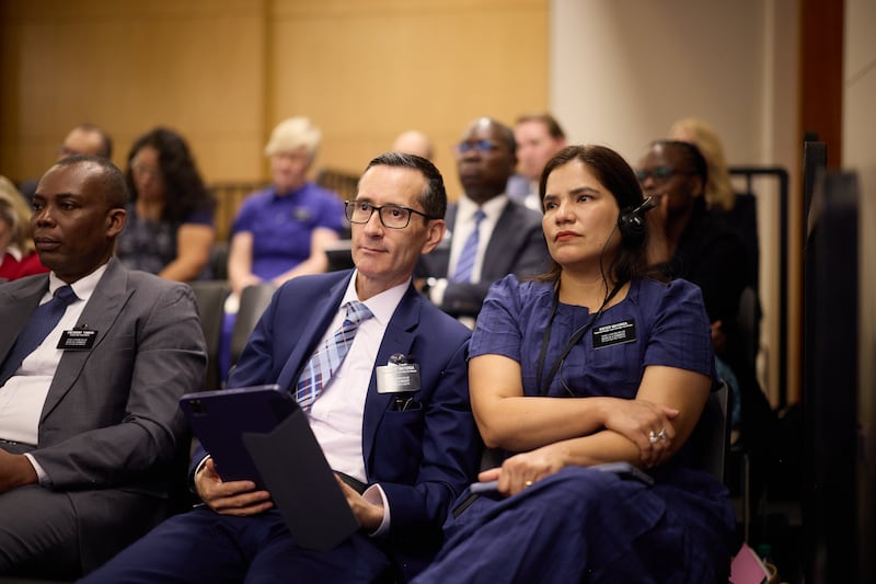 President Enrique Mayorga and his wife, Sister María Angélica Bayas de Mayorga, who will serve in the Dominican Republic Santo Domingo East Mission, listen during the Seminar for New Mission Leaders on Saturday, June 20, 2026, at the Provo Missionary Training Center in Provo, Utah.