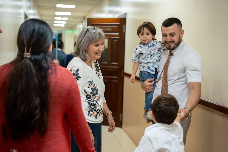 Sister J. Anette Dennis meets with a family in San Salvador, El Salvador, on June 9, 2026.