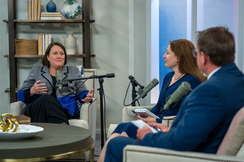 Sarah Jane Weaver speaks with Ryan Jensen and Mary Richards during the filming of the 300th episode of the Church News podcast, released Tuesday, June 23, 2026.