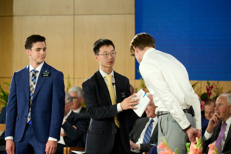Missionaries role play meeting someone on the street during a presentation at the 2026 Seminar for New Mission Leaders at the Provo Missionary Training Center in Provo, Utah, on Thursday, June 18, 2026.