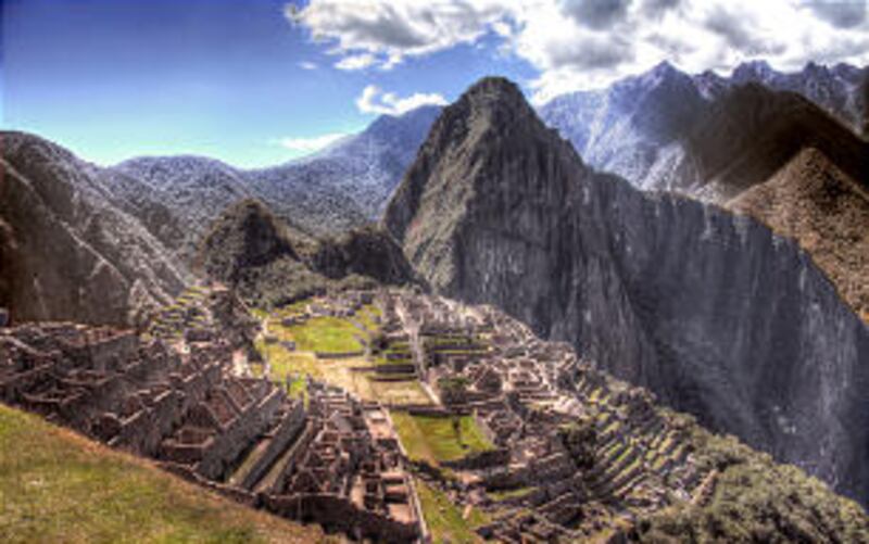 Scenic view shows the Machu Picchu ruins left over from the Inca Empire in Peru. The country, locate