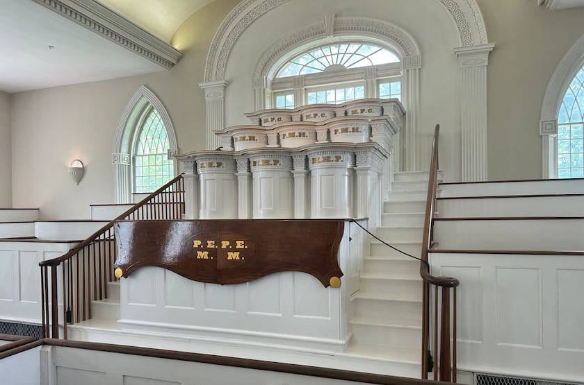 A view of the first-floor pulpits inside the Kirtland Temple, where the Savior, Moses, Elias and Elijah appeared on April 3, 1836.