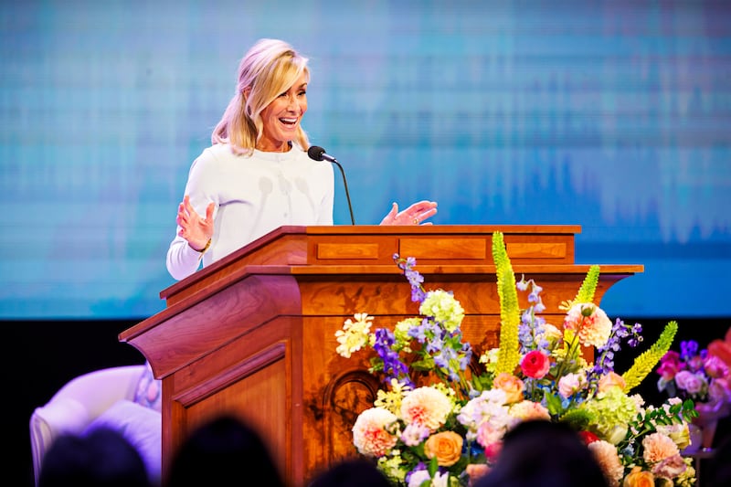 Sister Tamara W. Runia, first counselor in the Young Women general presidency, speaks in the Marriott Center as part of the 2026 BYU Women's Conference in Provo, Utah, on Wednesday, April 29, 2026.