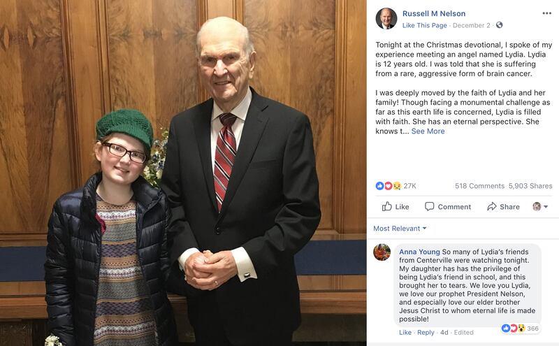 President Russell M. Nelson shared a story about a girl named Lydia Terry, who is suffering from a r